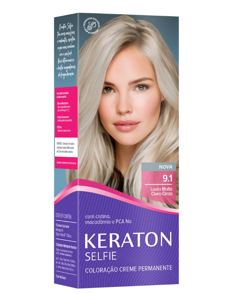 Keraton Selfie Coloração Permanente Com Cistina E Óleo De Macadâmia 50G - 9.1 Louro Muito Claro Cinza