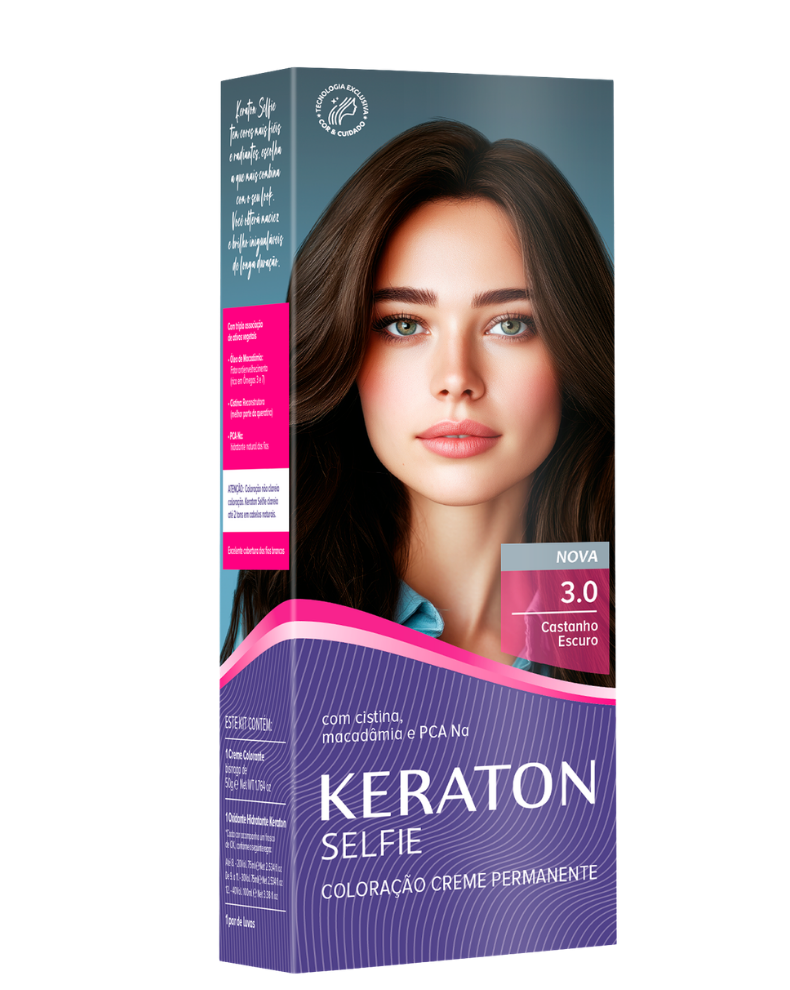 Keraton Selfie Coloração Permanente Com Cistina E Óleo De Macadâmia 50G - 3.0 Castanho Escuro