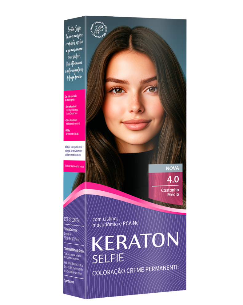 Keraton Selfie Coloração Permanente Com Cistina E Óleo De Macadâmia 50G - 4.0 Castanho Médio