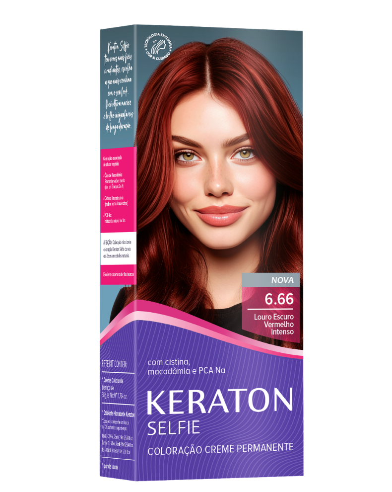 Keraton Selfie Coloração Permanente Com Cistina E Óleo De Macadâmia 50G - 6.66 Louro Escuro Vermelho Intenso