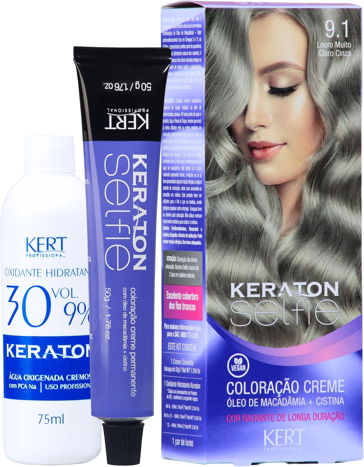 Keraton Selfie Coloração Permanente Com Cistina E Óleo De Macadâmia 50G - 9.1 Louro Muito Claro Cinza