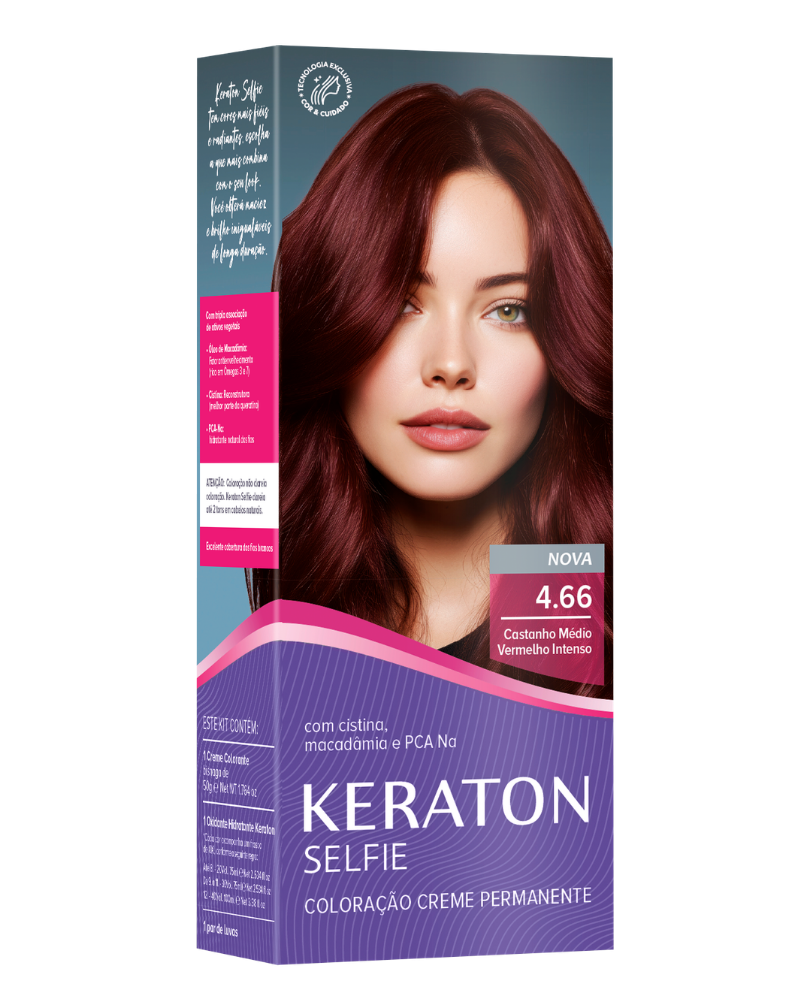 Keraton Selfie Coloração Permanente Com Cistina E Óleo De Macadâmia 50G - 4.66 Castanho Médio Vermelho Intenso
