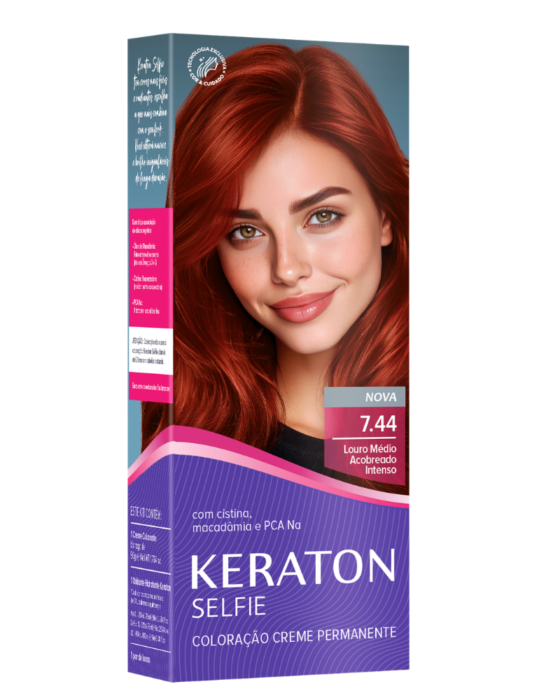 Keraton Selfie Coloração Permanente Com Cistina E Óleo De Macadâmia 50G - 7.44 Louro Médio Cobre Intenso