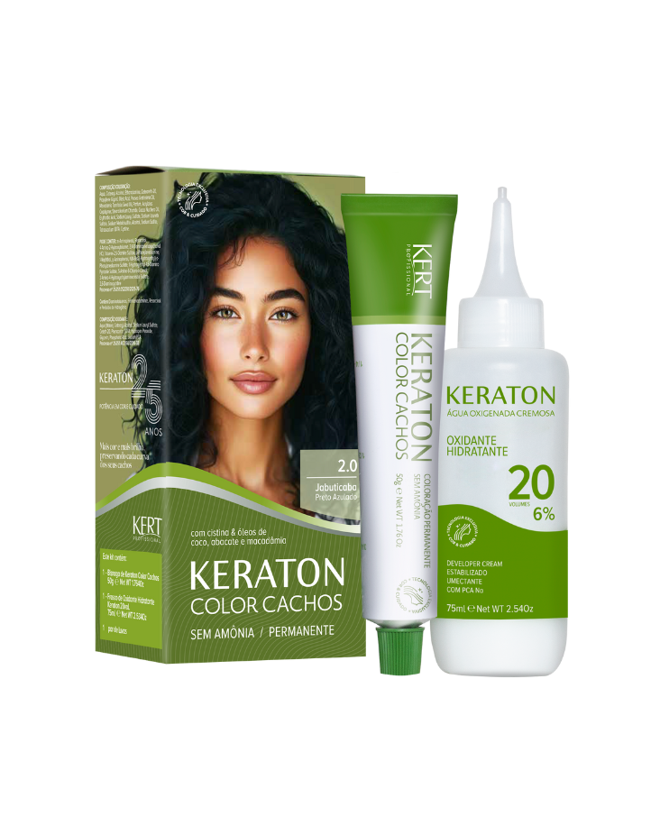 Keraton Color Cachos Coloração Permanente, Kit 50g + 75ml - 2.0 Preto Azulado