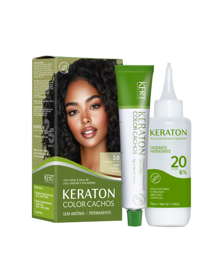 Keraton Color Cachos Coloração Permanente, Kit 50g + 75ml - 3.0 Castanho Escuro
