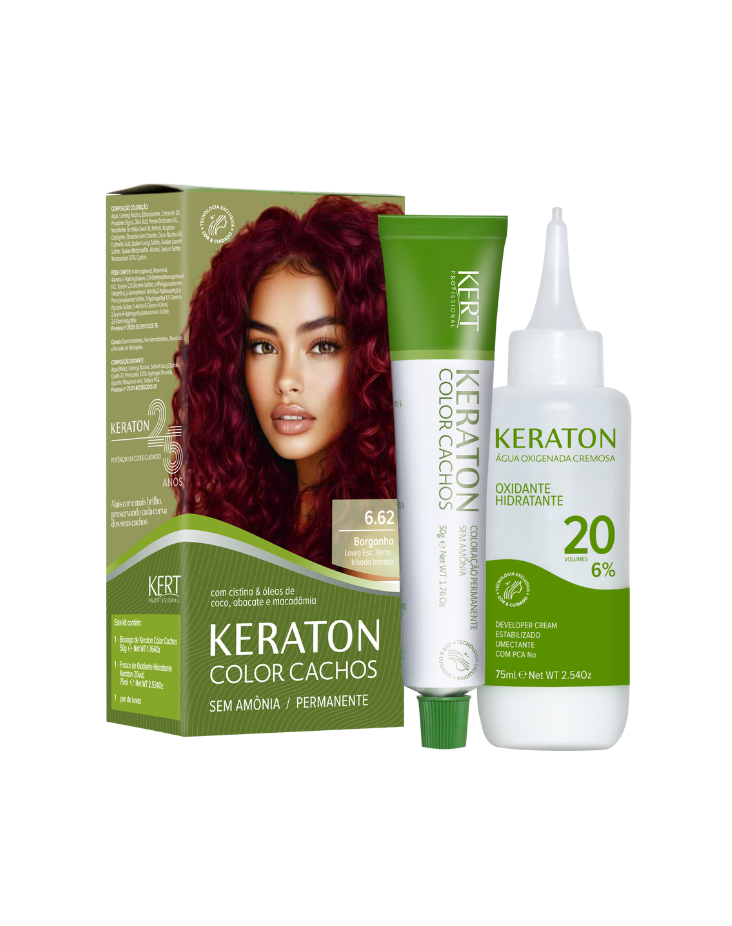 Keraton Color Cachos Coloração Permanente, Kit 50g + 75ml - 6.62 Louro Escuro Vermelho Irisado Intenso