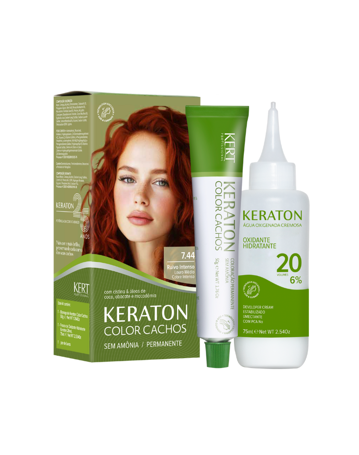 Keraton Color Cachos Coloração Permanente, Kit 50g + 75ml - 7.44 Louro Médio Cobre Intenso